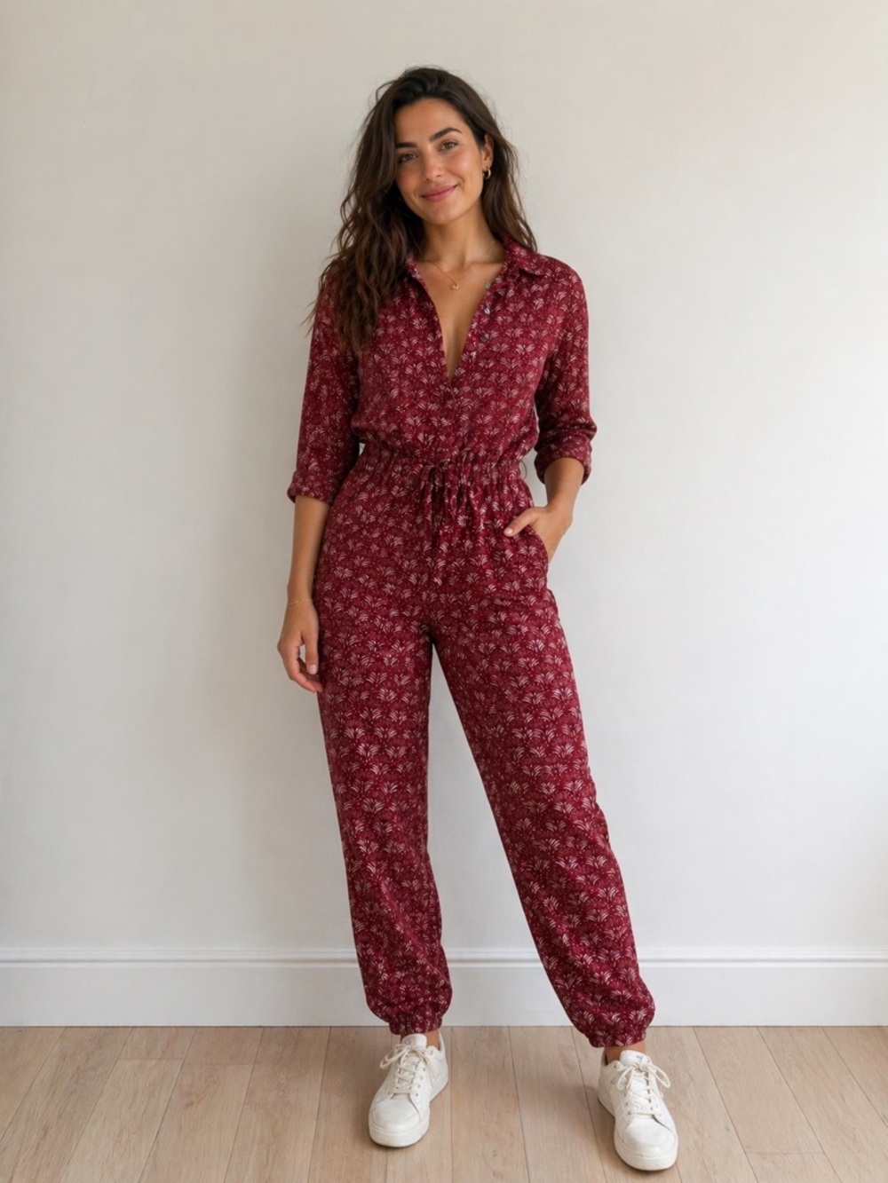 Scotch & Soda Burgundy Printed Long-Sleeve Jumpsuit